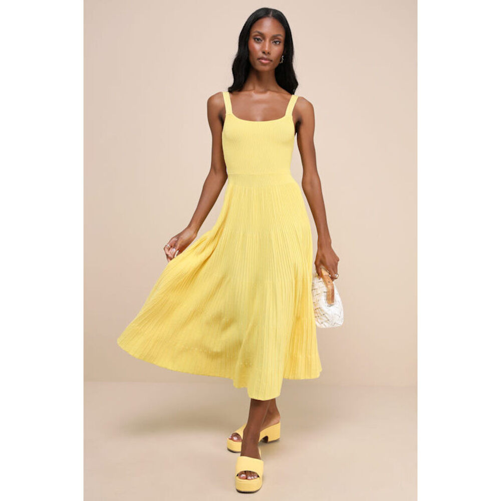 Lulus Iconic Ways Yellow Ribbed Sleeveless Tiered Sweater Midi Dress - Size S